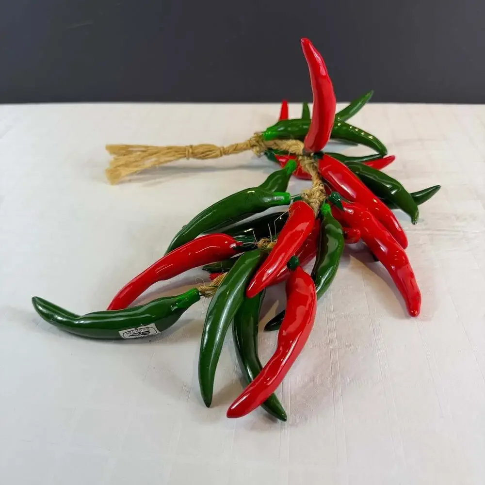 red & green ceramic chili pepper wall hanging glossy glazed on jute rope